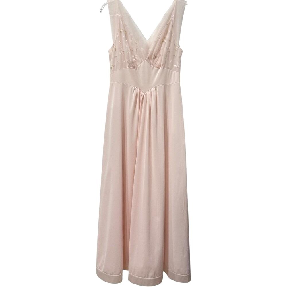 Vintage 50's Vanity Fair Embroidered Chiffon Nightgown Sheer Pink Slip Dress M
